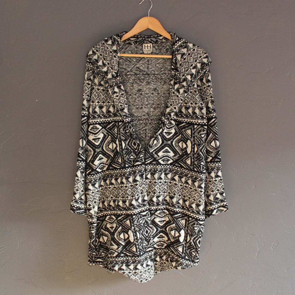 Black and white long hooded cardigan / jacket